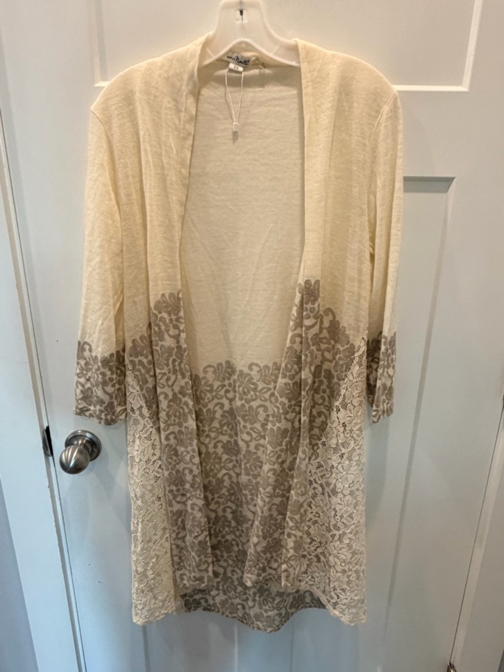Boho Lace Duster Cardigan Cream Open Front Long Layering Kimono Lightweight Med